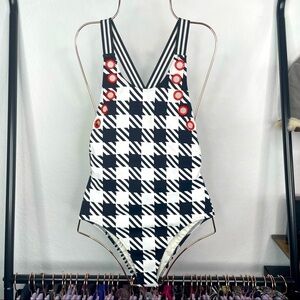 SOLID & STRIPED Black and White Plaid One-Piece Swimsuit with Red Accent